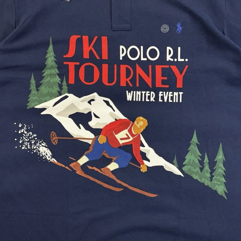 NWT Polo Ralph Lauren SKI Tourney Print Mesh Knit Collared Polo Shirt Navy 2XB